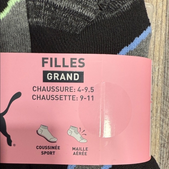6 pairs Puma girls Athletic Socks - Black with Green and Blue Stripes - Picture 3 of 6